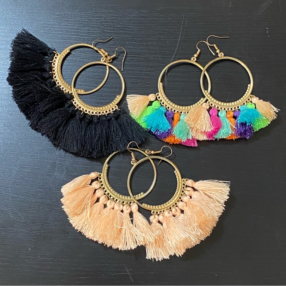 Trio of Fun Tassel Earrings in Black Peach Multi